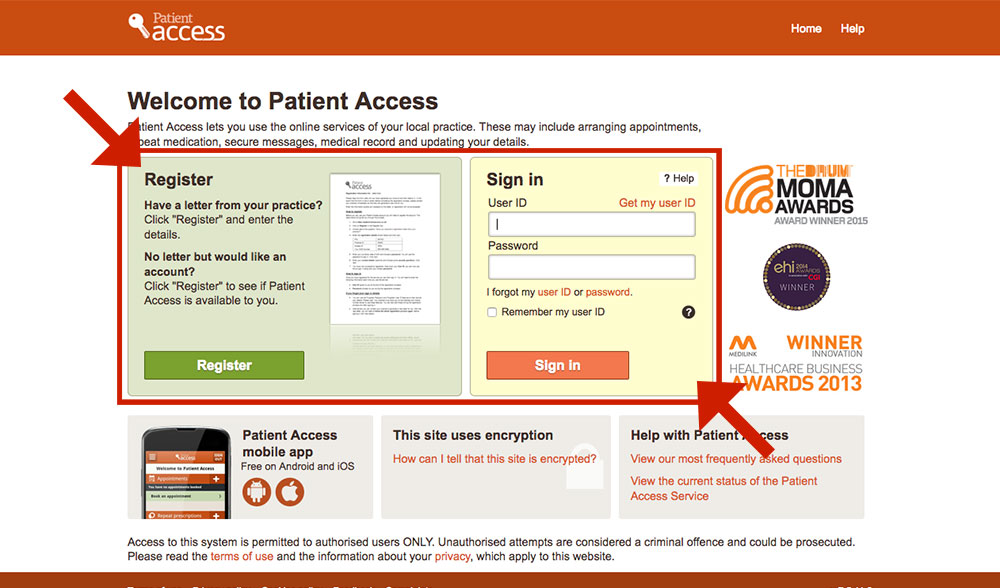 Patient Access login page